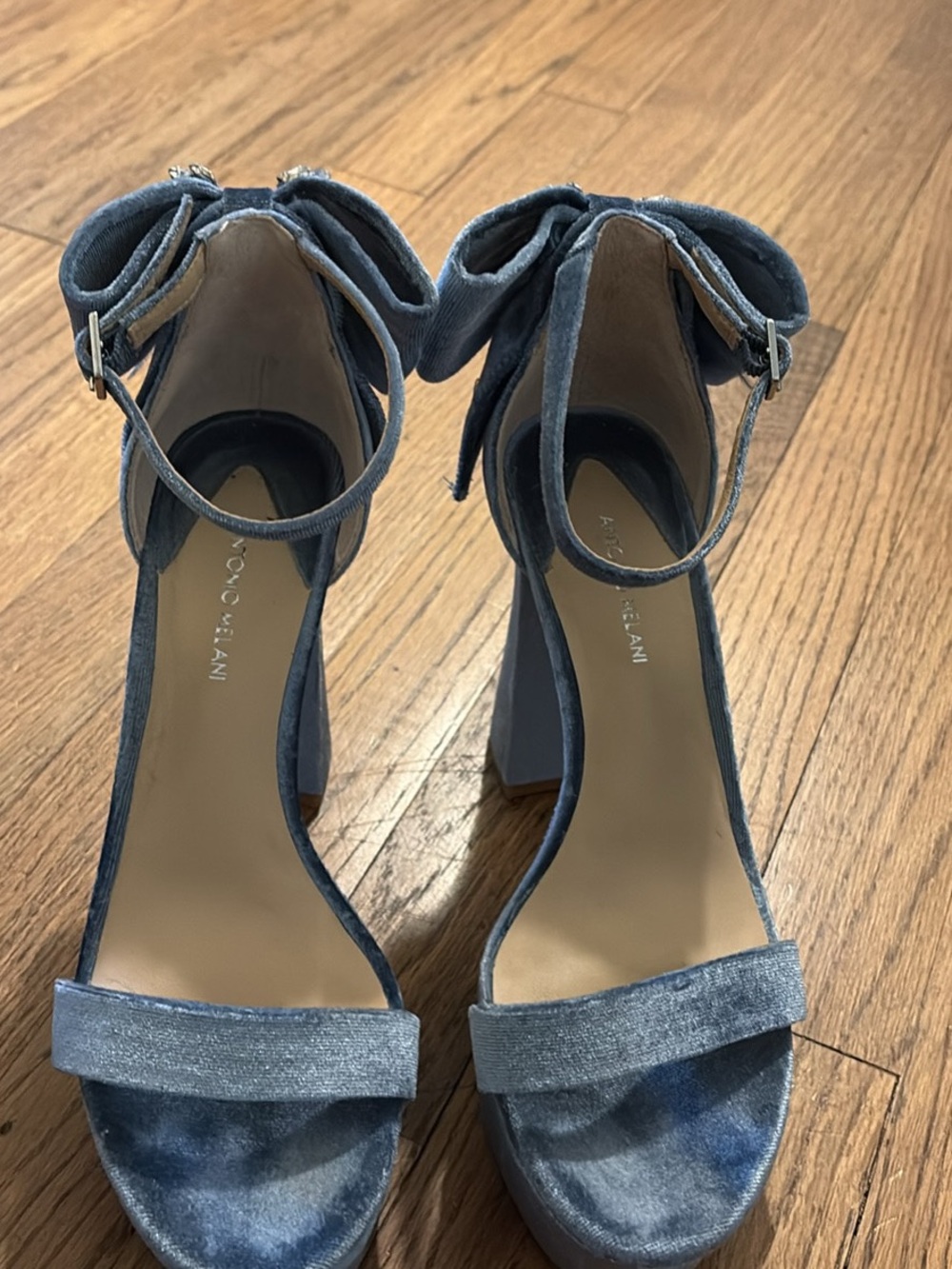 ANTONIO MELANI Blue Velvet Ankle-Strap Block Heels